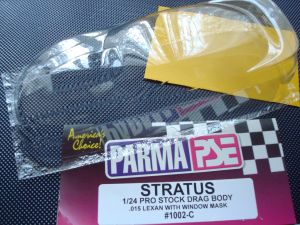 Parma 1/24 4.5" Dodge Stratus pro stock drag racing body, .015' thick, clear with mask