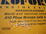Koford 3/32" axle spacers, .010" thick, phosphor bronze. 12 pieces per package